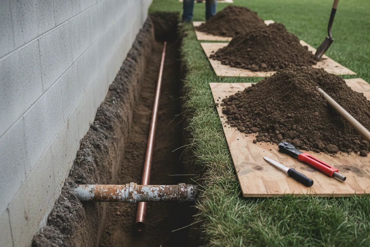 Excavated water line trench during Sewer Line Repair in Manchester Township